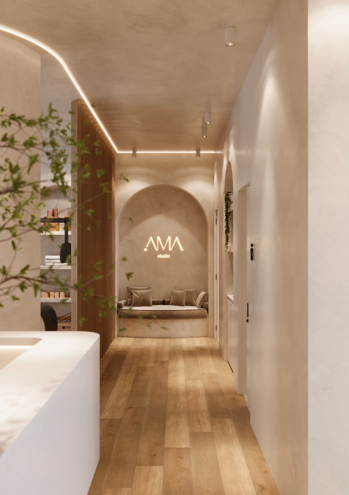 Lounge de Espera com Banco Almofadado Curvo sob Arco Iluminado
